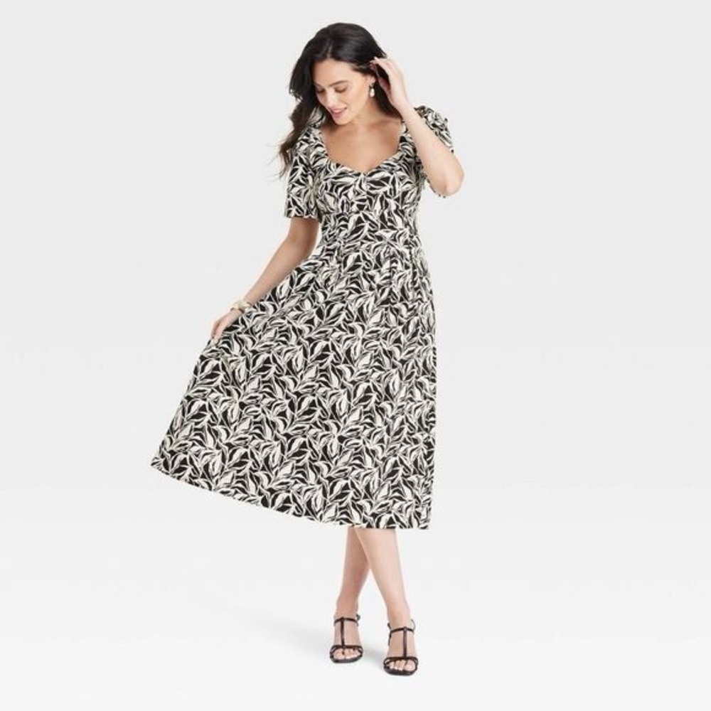 a new day Black and White Leaf Print Midi Dress